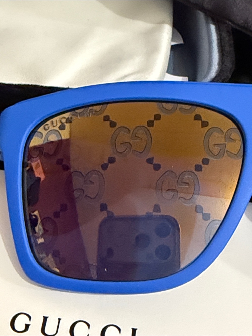 Gucci Unisex Bright Blue Frame Sunglasses with Amber Mirrored Lenses AUTHENTIC - Picture 7 of 13